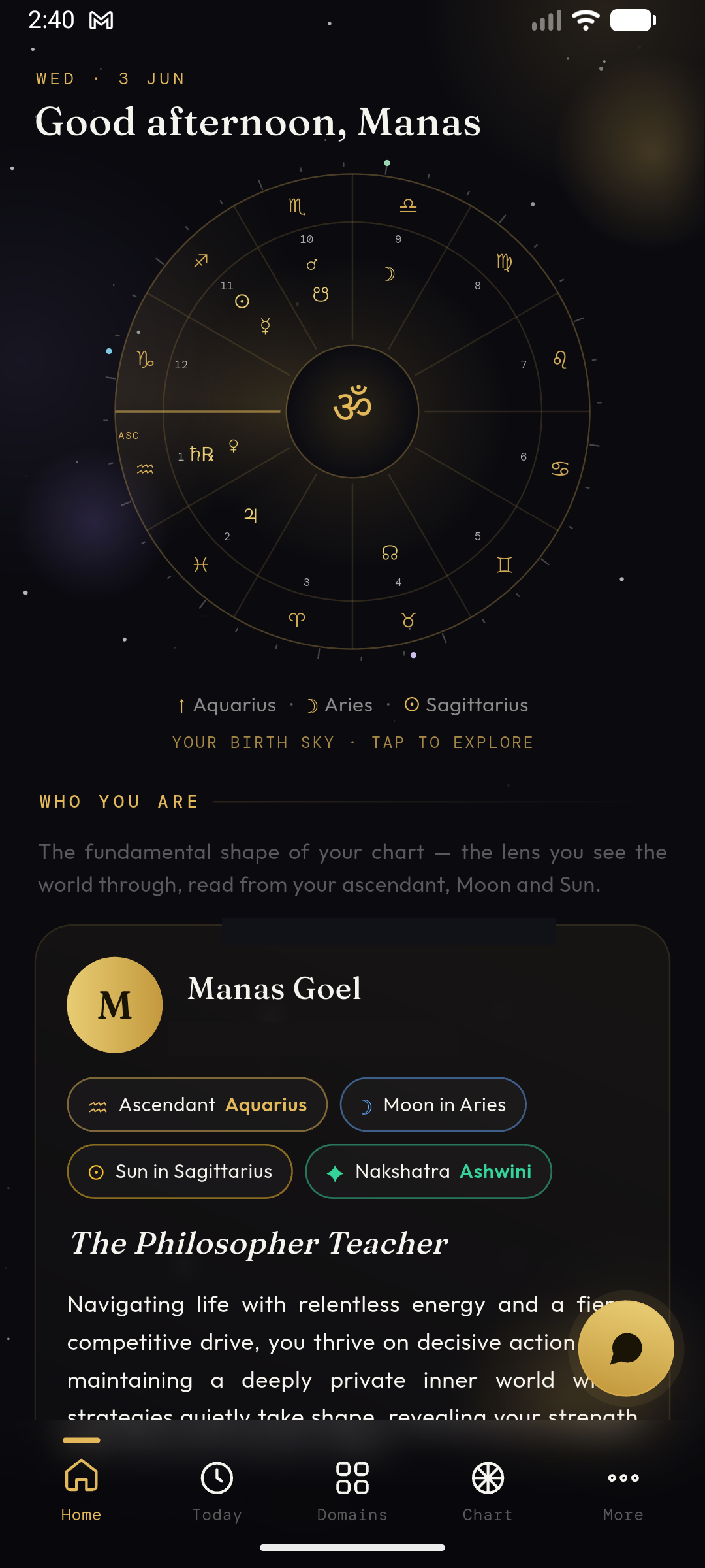 Oracle Vedic Astro home and birth chart screen