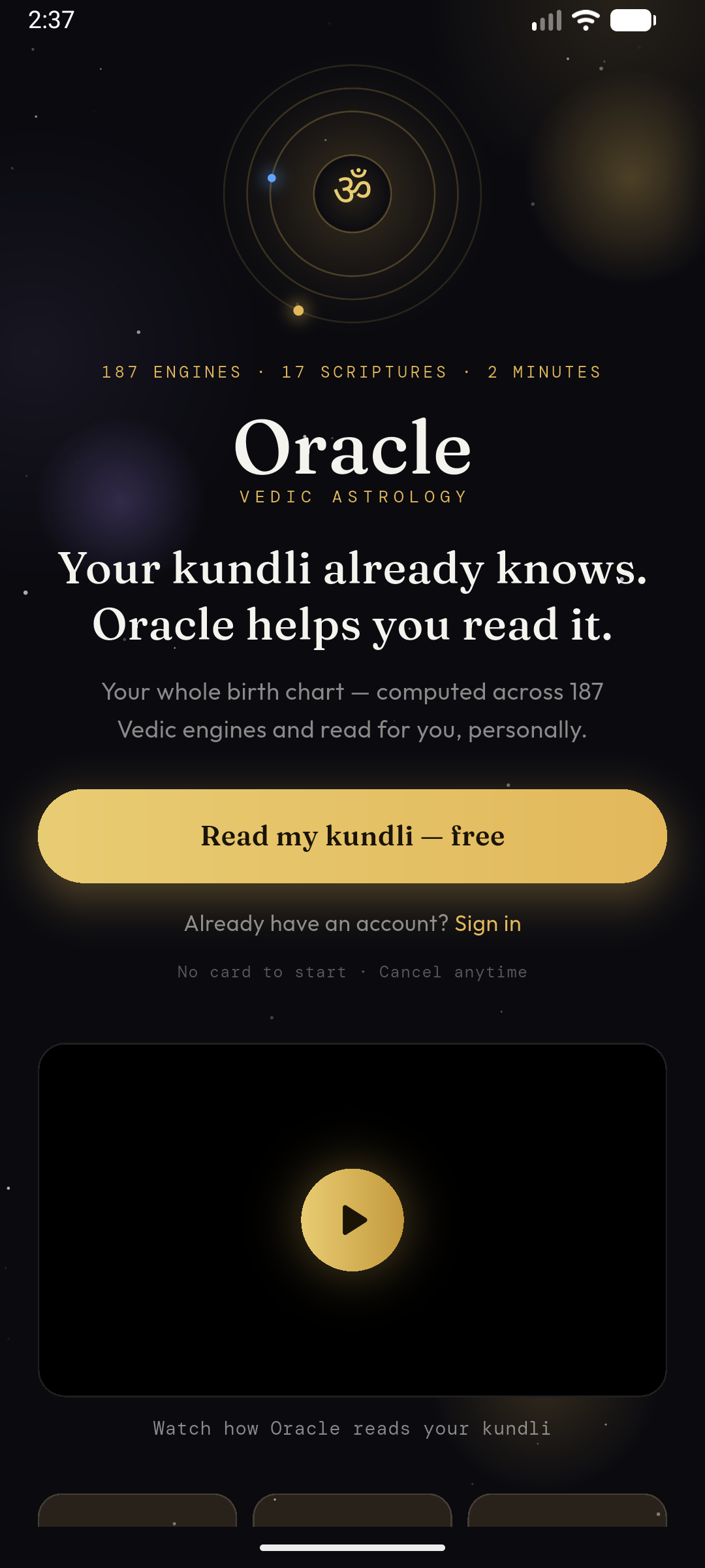Oracle Vedic Astro landing screen