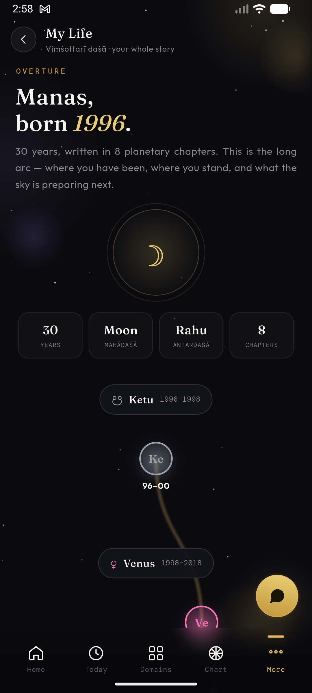 Oracle Vedic Astro My Life timeline screen