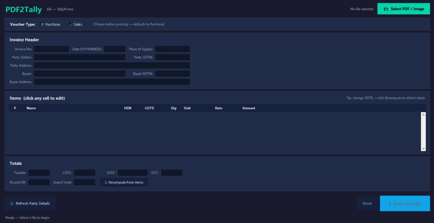 PDF2Tally app interface that pushes a bill into TallyPrime