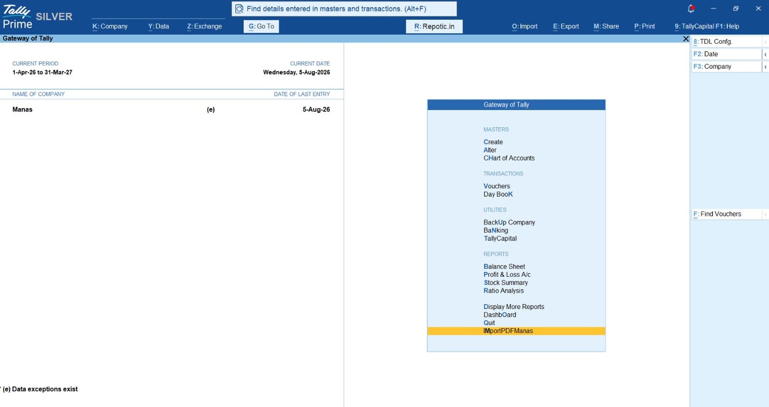 Custom Import PDF button added inside the TallyPrime gateway